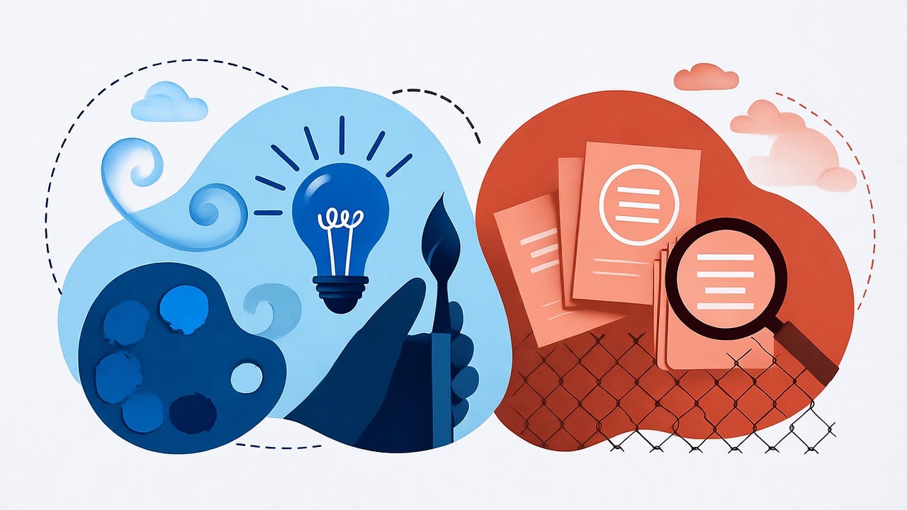 Creative concept showing a blue hand holding a paintbrush with a glowing light bulb symbolizing innovation and artistic ideas on one side, and red documents with a magnifying glass representing research, analysis, and content creation on the other side, illustrating the balance between creativity and strategy in design and marketing.